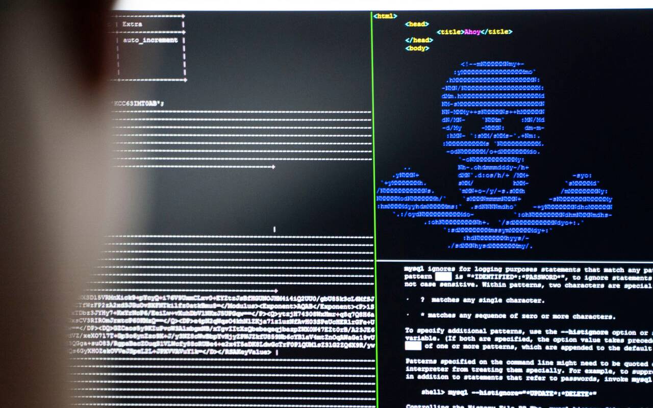 Die Cyberkriminalität erklärt am Symbolbild mit einem Computer, auf dem ein Totenkopf erscheint