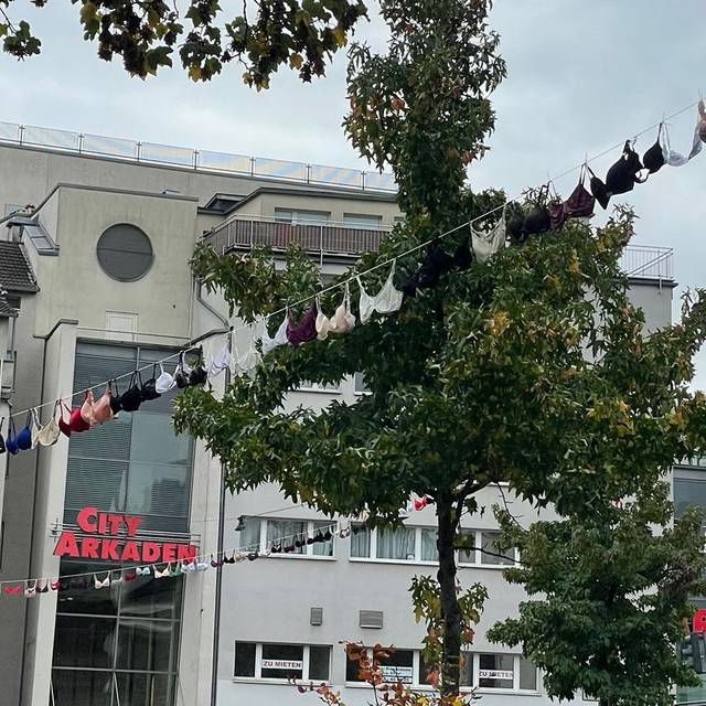 zu sehen sind BHs die über dem Platz am Kolk hängen