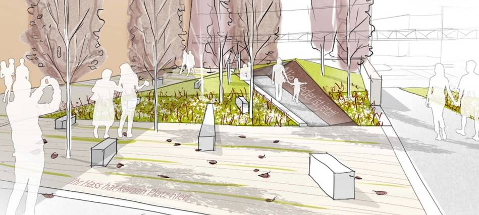 Ein Modell des künftigen Platzes am Döppersberg mit NSU-Denkmal