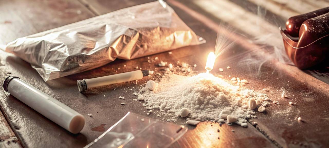 Ein Päckchen Kokain, ein Häufchen Kokain und Material zum Konsum