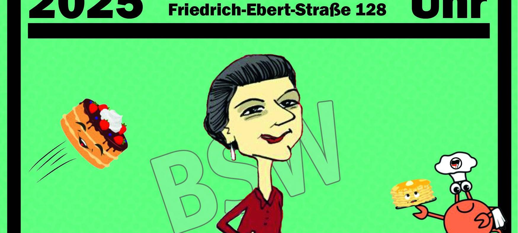 Gezeichnetes Demo-Plakat, Torten fliegen in Richtung von Sahra Wagenknecht