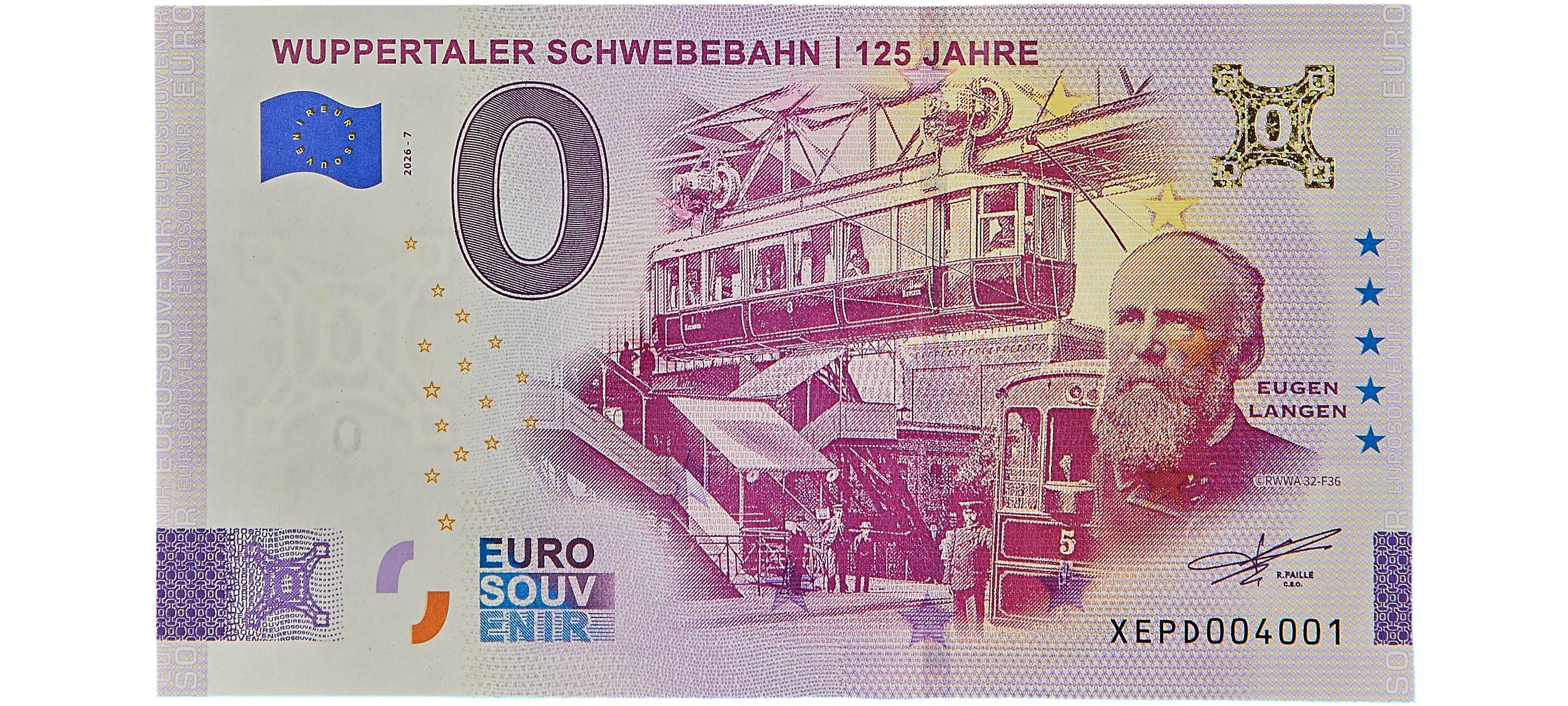 0-Euro-Schein mit der Schwebebahn