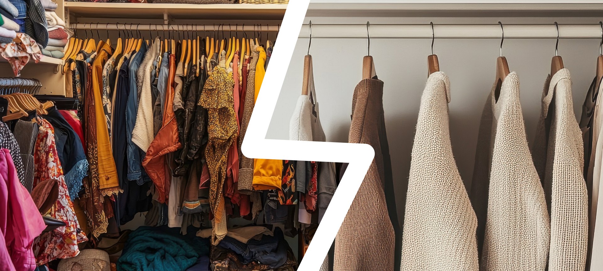 Minimalismus vs. Massenkonsum / voller, unordentlicher Kleiderschrank und minimalistischer Kleiderschrank im Kontrast